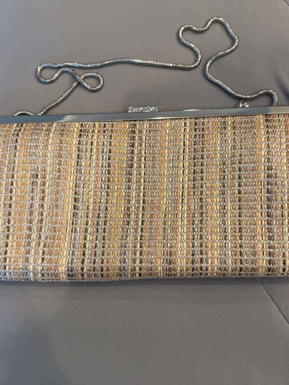 Calvin Klein Neutral Woven Straw Clutch with Silver Chain